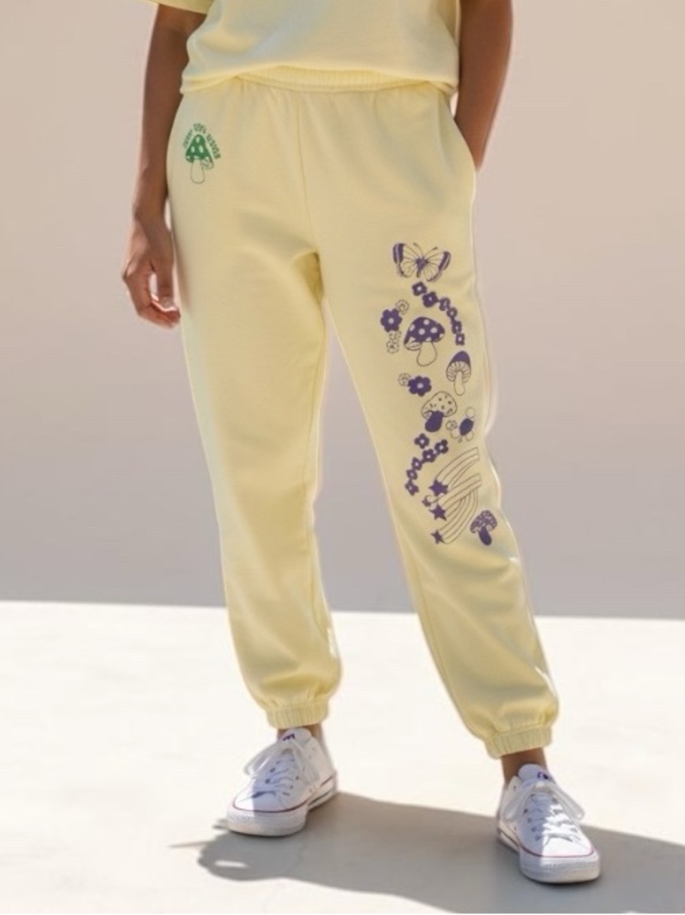 NEW GIRL ORDER MUSHROOM BUTTERFLY GRAPHIC JOGGER SWEATPANTS PASTEL YELLOW SIZE 8 - Picture 6 of 11
